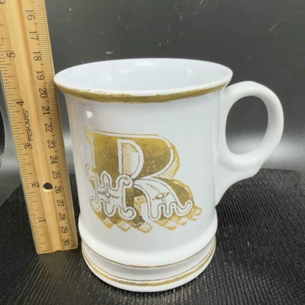 Williams Sonoma Brushed Gold Monogram Letter R Ceramic White Gold Coffee Mug Cup